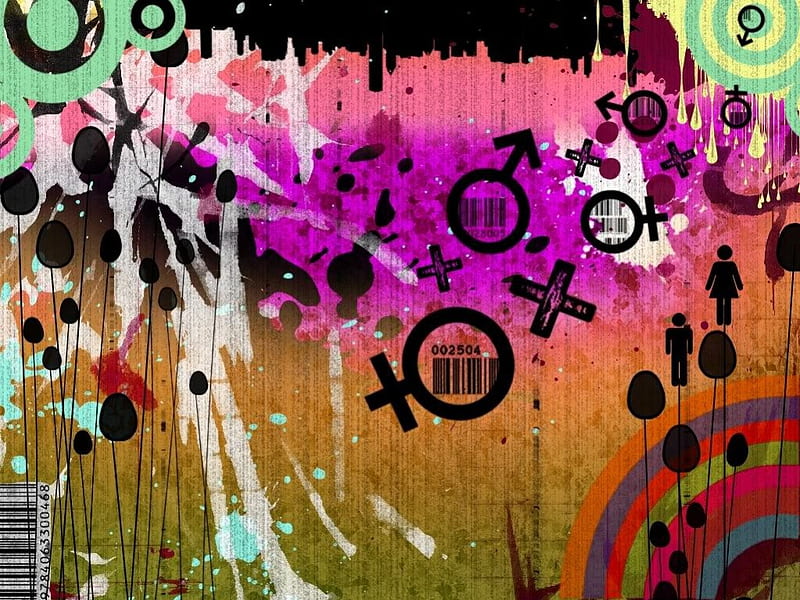 A Colorful Wall, female, male, circles, man, woman, arrows, bullseyes, symbols, vector, HD wallpaper