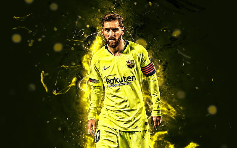 Messi, FCB, Barcelona FC, argentinian footballers, yellow uniform, La Liga, Lionel Messi, Leo Messi, neon lights, LaLiga, Spain, Barca, soccer, football stars, HD wallpaper