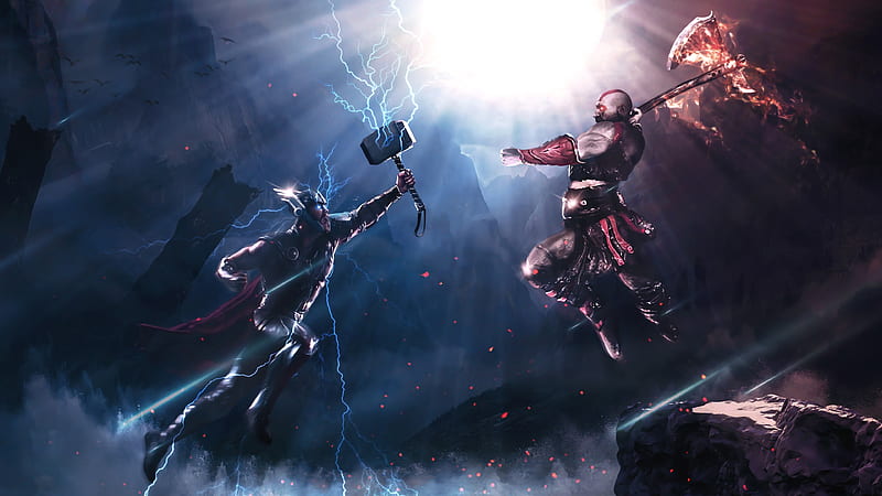 kratos vs thor, fight, crossover, lightning, axe, Games, HD wallpaper