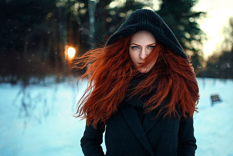 wind, winter, model, hood, iarna, snow, redhead, woman, girl, HD ...