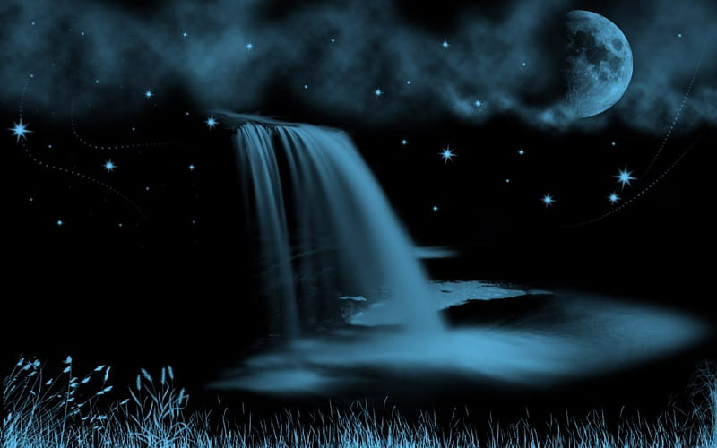 Moonlit Falls, stars, moon, waterfall, black, moonlight, fog, blue, moonlit, HD wallpaper