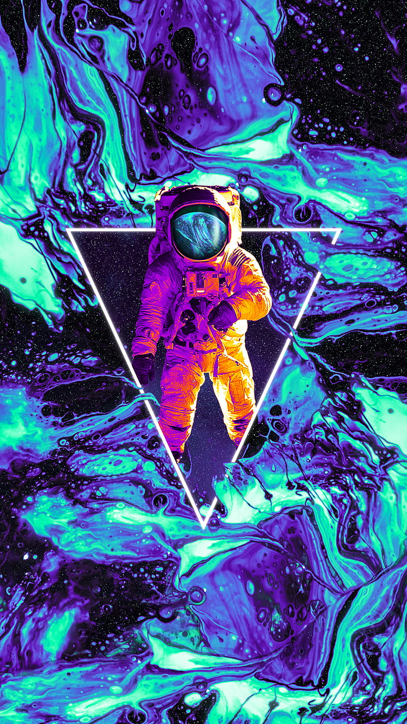 Spaceman, Color, Geoglyser, abstract, astronaut, blue, fluid, galaxy, psicodelia, space, teal, triangle, trippy, HD phone wallpaper
