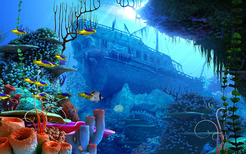 Corals, Fish & Sunken Ship, Corals, Fish, Ships, Oceans, Underwater, Nature, HD wallpaper