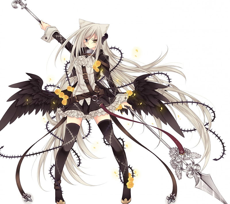 Wings Lancer, dress, black white, wing, angry, anime, spear, feather, gloomy, hot, anime girl, lance, female, wings, mad, gloom, thorn, sexy, plain, girl, simple, silver hair, sinister, HD wallpaper