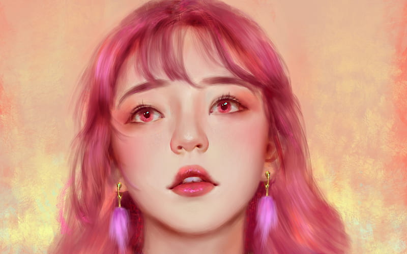 Girl, xiongnian, earrings, face, pink, portrait, art, frumusete, luminos, fantasy, amethyst eyes, HD wallpaper