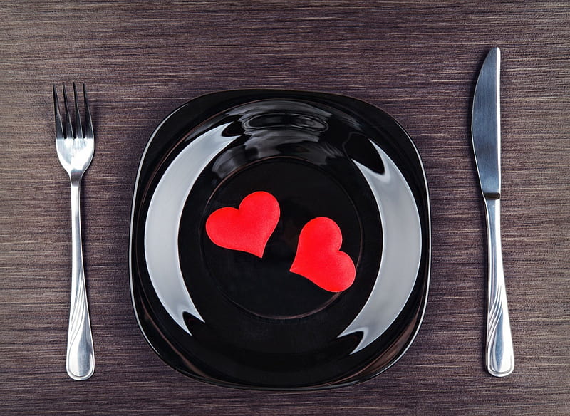Love in the kitchen, table, two hearts, love, cutlery, cook, plates, two colors, HD wallpaper