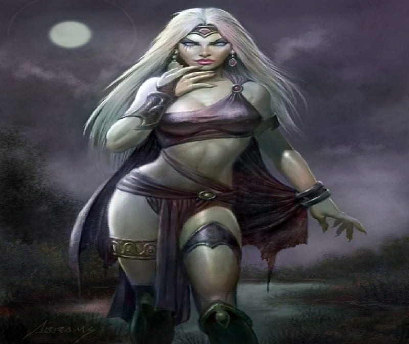 Vampire Lady, fantasy, moon, white hair, vampire, pale skin, woman, long nails, HD wallpaper