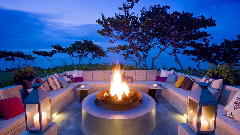 Firepit at dusk - French Polynesia, polynesia, sun, french, dusk, sunset, twilight, atmosphere, bora bora, evening, candle, exotic, pacific, firepit, south, set, fire, paradise, tahiti, pit, tropical, HD wallpaper