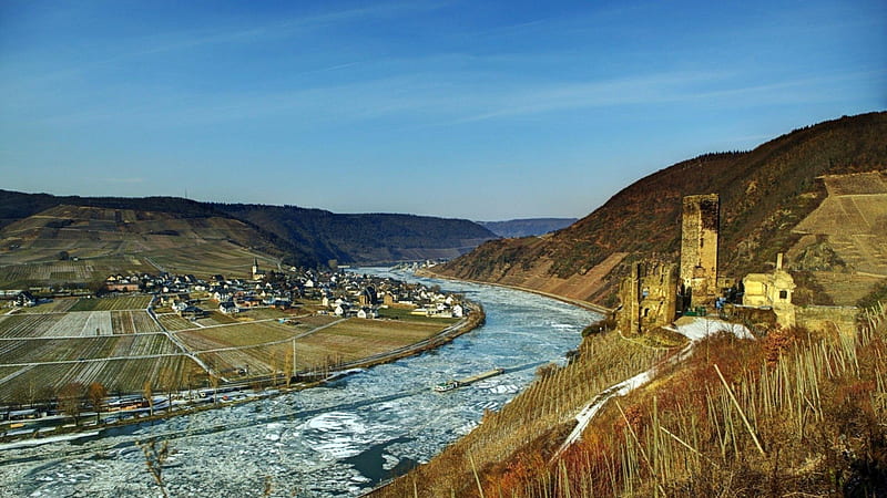 castle ruins overlooking a frozen moselle river, hills, town, ruins, river, castle, frozen, HD wallpaper