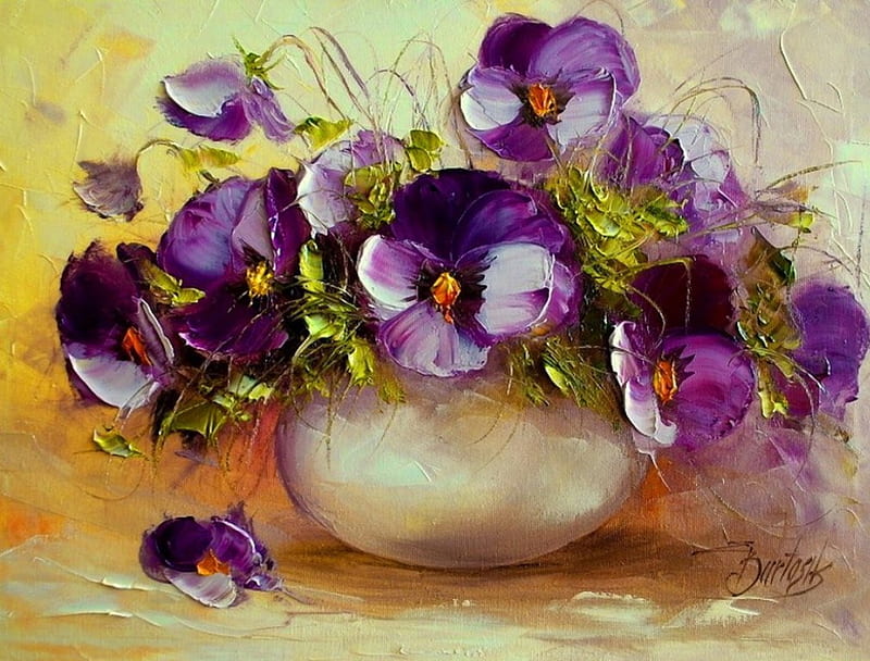 Still life, pretty, art, lovely, violets, vase, scent, bonito, fragrance, painting, pansies, flowers, harmony, HD wallpaper