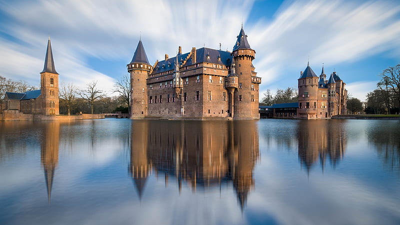 Castle De Haar, architecture, stunning, holland, clouds, sky, lake, graphy, water, beauty, reflection, castle, HD wallpaper