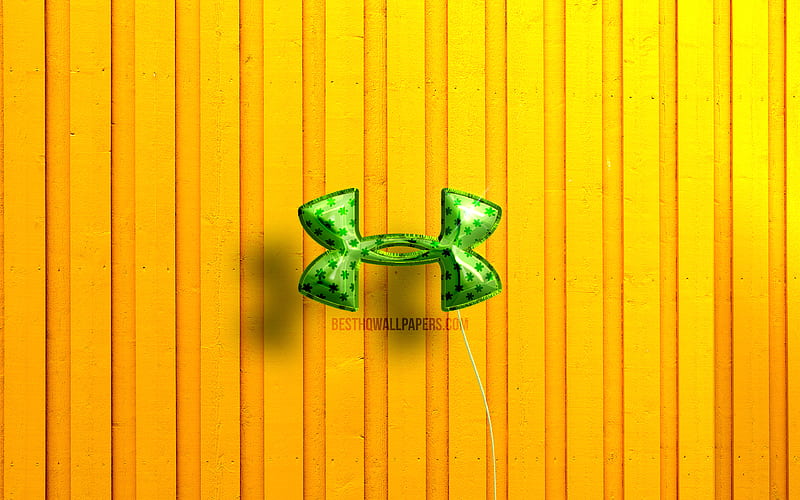 Under Armour 3D logo green realistic balloons, yellow wooden backgrounds, sports brands, Under Armour logo, Under Armour, HD wallpaper