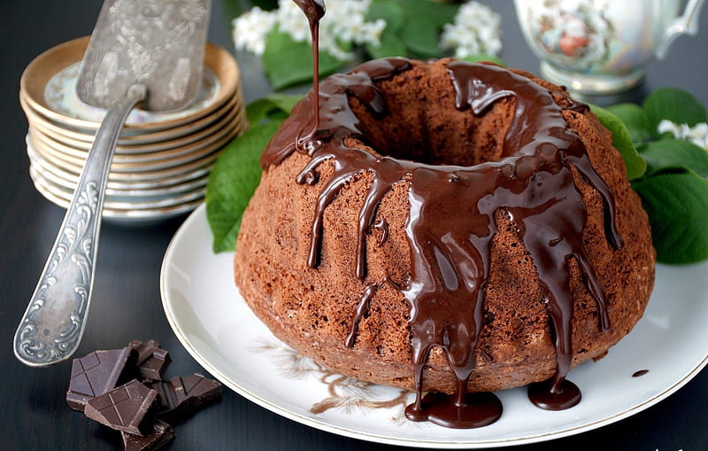 *Chocolate Cake*, cake, spoon, syrup, chocolate, HD wallpaper