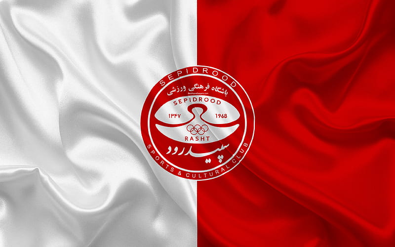 Sepidrood Rasht SC silk texture, logo, emblem, red white silk flag, Iranian football club, Rasht, Iran, football, Persian Gulf Pro League, HD wallpaper