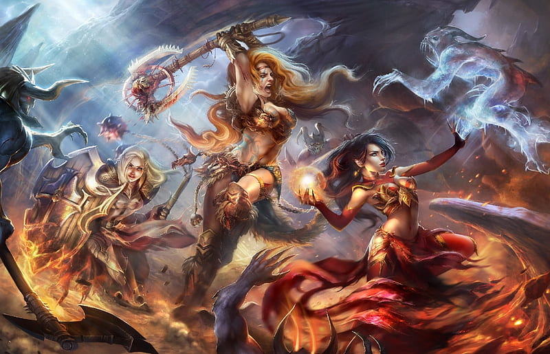 Warriors Three, warriors, fighting, mage, women, HD wallpaper