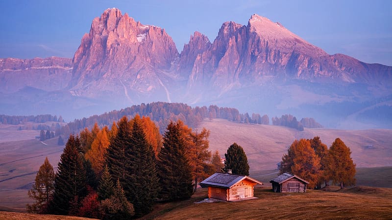 Autumn in the Dolomites, Italy, rocks, fog, house, fall, landscape, trees, colors, HD wallpaper