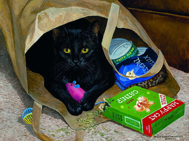 Busted by Persis Clayton Weirs, art, persis clayton weirs, painting, black, bag, pictura, cat, pisici, funny, HD wallpaper