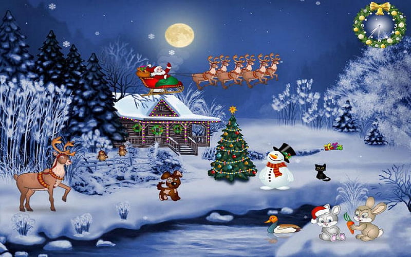 SANTA'S BIG NIGHT, ANIMALS, WINTER, SANTA, CHRISTMAS, SNOW, TREES ...