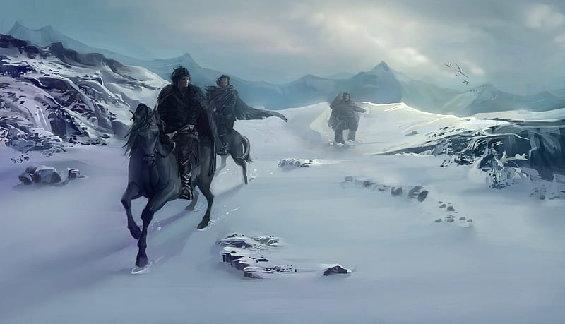 Game of Thrones - Nights Watch Patrol, house, westeros, game, artwork, show, fantasy, tv show, George R R Martin, Jon Snow, GoT, patrol, essos, fantastic, HBO, abstract, a song of ice and fire, Game of Thrones, horses, winter, thrones, medieval, stark, snow, mountains, entertainment, skyphoenixx1, HD wallpaper