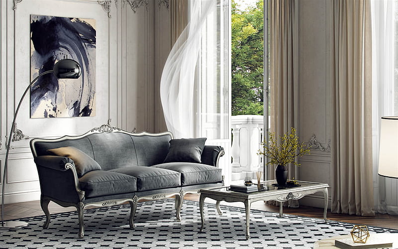 classic style living room, classic sofa, stylish interior design, modern interior, black chandelier, classic table, luxurious classic interior, HD wallpaper