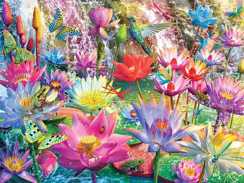 Water Lily Falls, water, colorful, lilies, flowers, puzzle, jigsaw, HD wallpaper