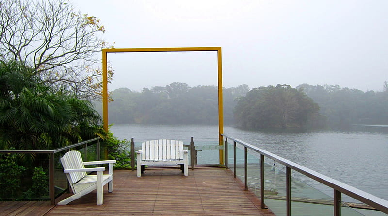 Take a seat beside the lake, wooden chairs, take a seat, lake, mist, HD wallpaper