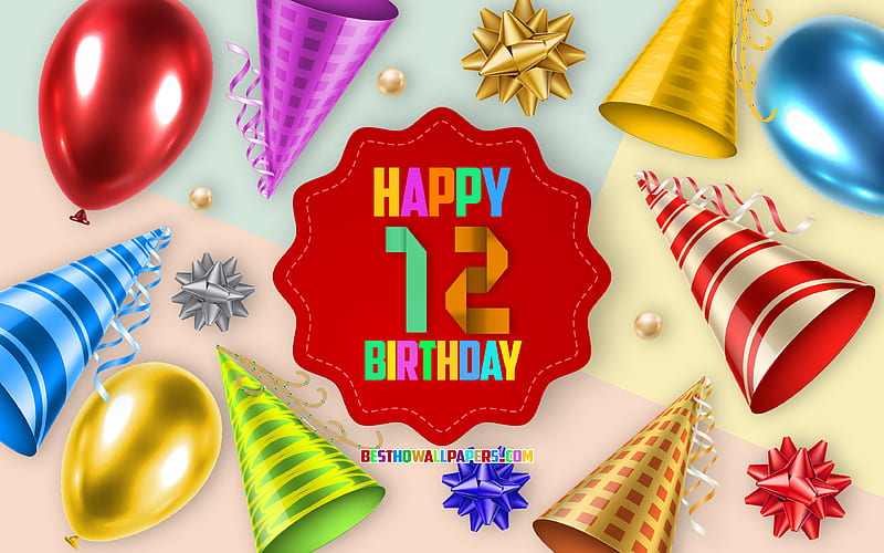 Happy 12 Years Birtay, Greeting Card, Birtay Balloon Background, creative art, Happy 12th birtay, silk bows, 12th Birtay, Birtay Party Background, Happy Birtay, HD wallpaper