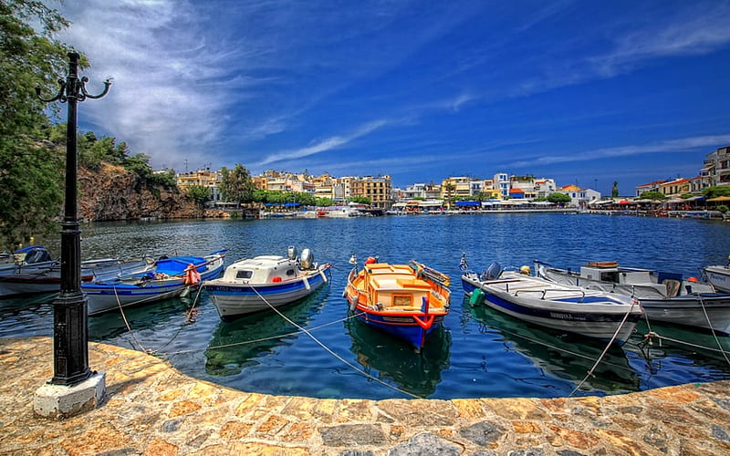 Crete,Greece, architecture, pretty, house, clouds, boat, boats, splendor, beauty, lovely, houses, town, port, buildings, sky, trees, building, water, harbour, alley, greece, colorful, clear water, lantern, sailing, sunny, bonito, crete, sea, leaves, green, blue, view, clear, colors, tree, peaceful, summer, nature, sailboat, sailboats, HD wallpaper