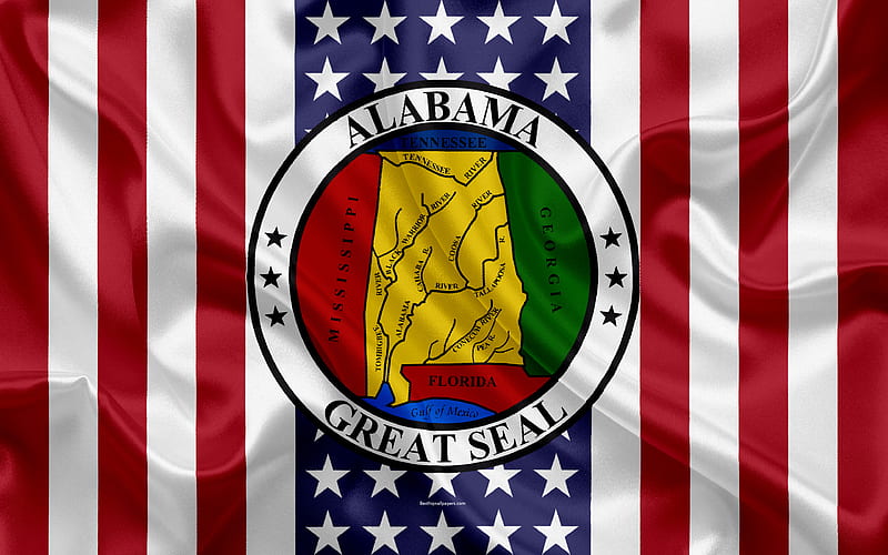 Alabama, USA American state, Seal of Alabama, silk texture, US states, emblem, American flag, HD wallpaper