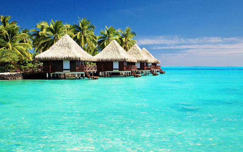 Beach Huts in Turquoise Ocean, oceans, beach huts, beaches, nature, turquoise ocean, HD wallpaper