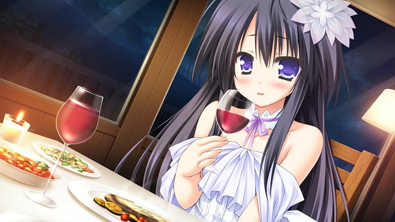 Wanna Join Me, pretty, dinner, dress, hungry, glasses, bonito, elegant, sweet, nice, anime, hot, beauty, anime girl, long hair, gorgeous, black hair, cut, table, female, lovely, food, ribbon, gown, smile, sexy, happy, kawaii, girl, plate, lady, maiden, HD wallpaper