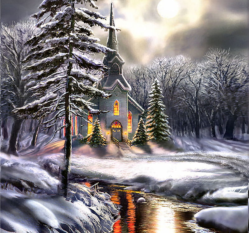 Wildwood Church - Winter FC, architecture, art, religious, bonito, church, illustration, artwork, winter, snow, painting, wide screen, chapel, scenery, HD wallpaper