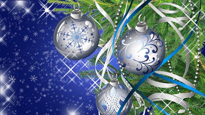 Christmas in Silver and Blue, stars, feliz navidad, glow, christmas, firefox persona, ribbons, sky, silver, tree, balls, streamers, decorations, fir, beads, blue, HD wallpaper