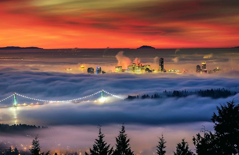 Fog over Vancouver, bridge, buildings, sunset, fog, canada, HD wallpaper
