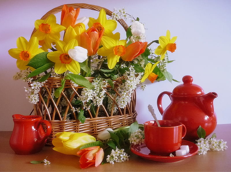 Pretty Flowers, red, colorful, daffodils, yellow, bonito, tea, still life, graphy, flowers, beauty, tulips, tulip, colors, petal, basket, flower, daffodil, nature, petals, white, HD wallpaper