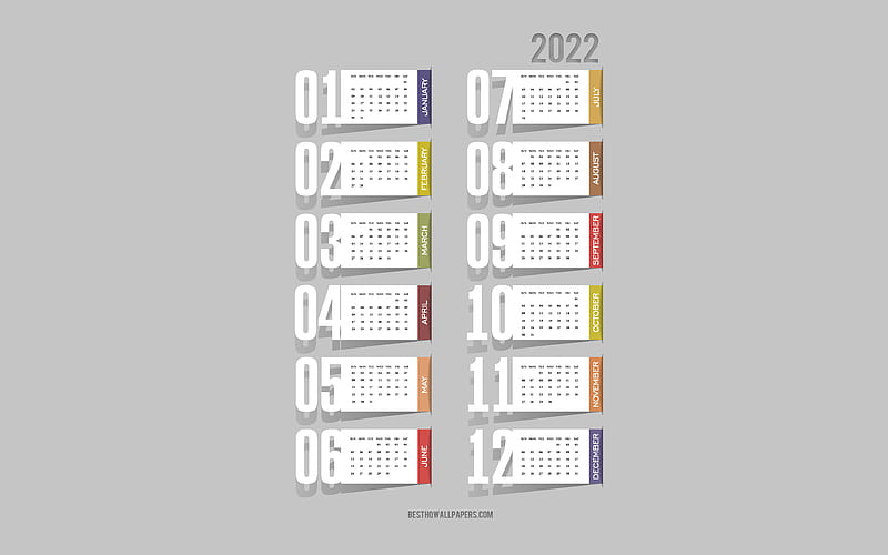 2022 Year Calendar, , paper elements, 2022 Calendar, paper art, 2022 all months calendar, gray background, HD wallpaper