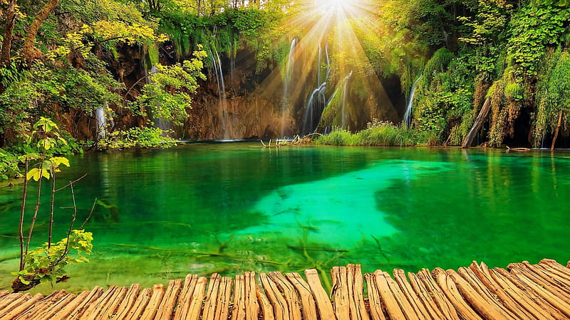Plitvice Lakes National Park, Croatia, sun, water, waterfall, park, nature, trees, lake, forest, croatia, landscape, HD wallpaper