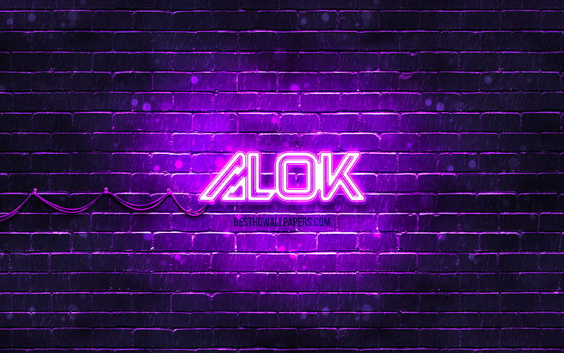 Alok violet logo superstars, brazilian DJs, violet brickwall, Alok new logo, Alok Achkar Peres Petrillo, Alok, music stars, Alok neon logo, Alok logo, HD wallpaper
