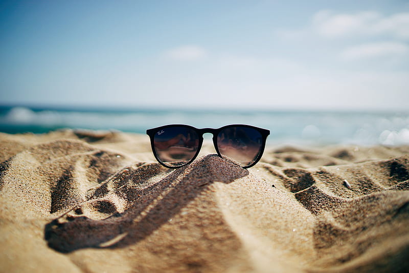 black Ray-Ban Wayfarer sunglasses on beach sand, HD wallpaper