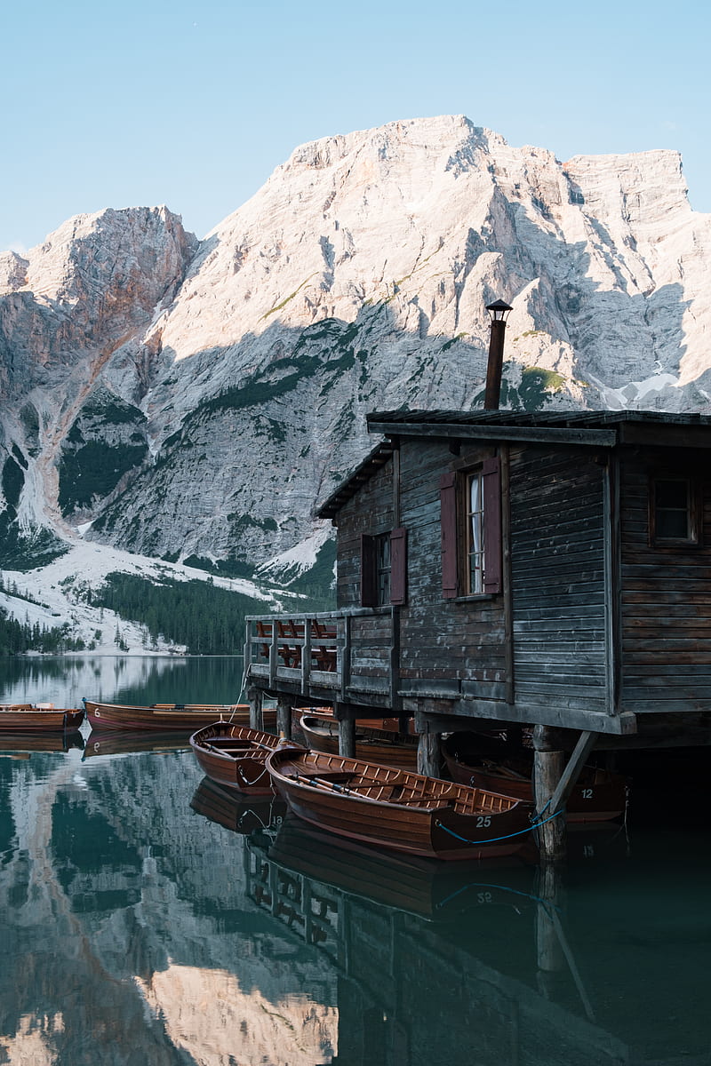 house, lake, boats, pier, mountains, HD phone wallpaper
