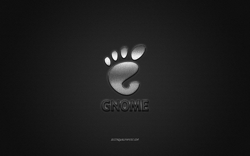GNOME logo, silver shiny logo, GNOME metal emblem, gray carbon fiber texture, GNOME, brands, creative art, HD wallpaper