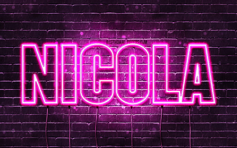 Nicola with names, female names, Nicola name, purple neon lights, Happy Birtay Nicola, popular polish female names, with Nicola name, HD wallpaper