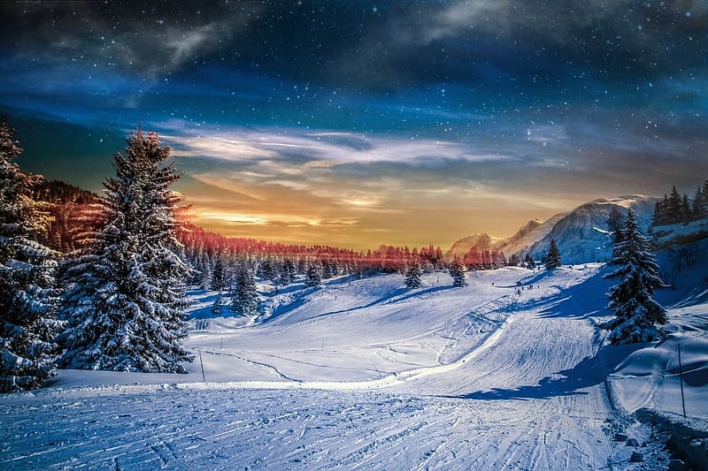 Winter landscape, szabadban, havas fak, evad, havas fenyok, havas taj, ut, havas ut, szines, hegyek, egbolt, dombok, szepseg, havas, ho, tel, HD wallpaper