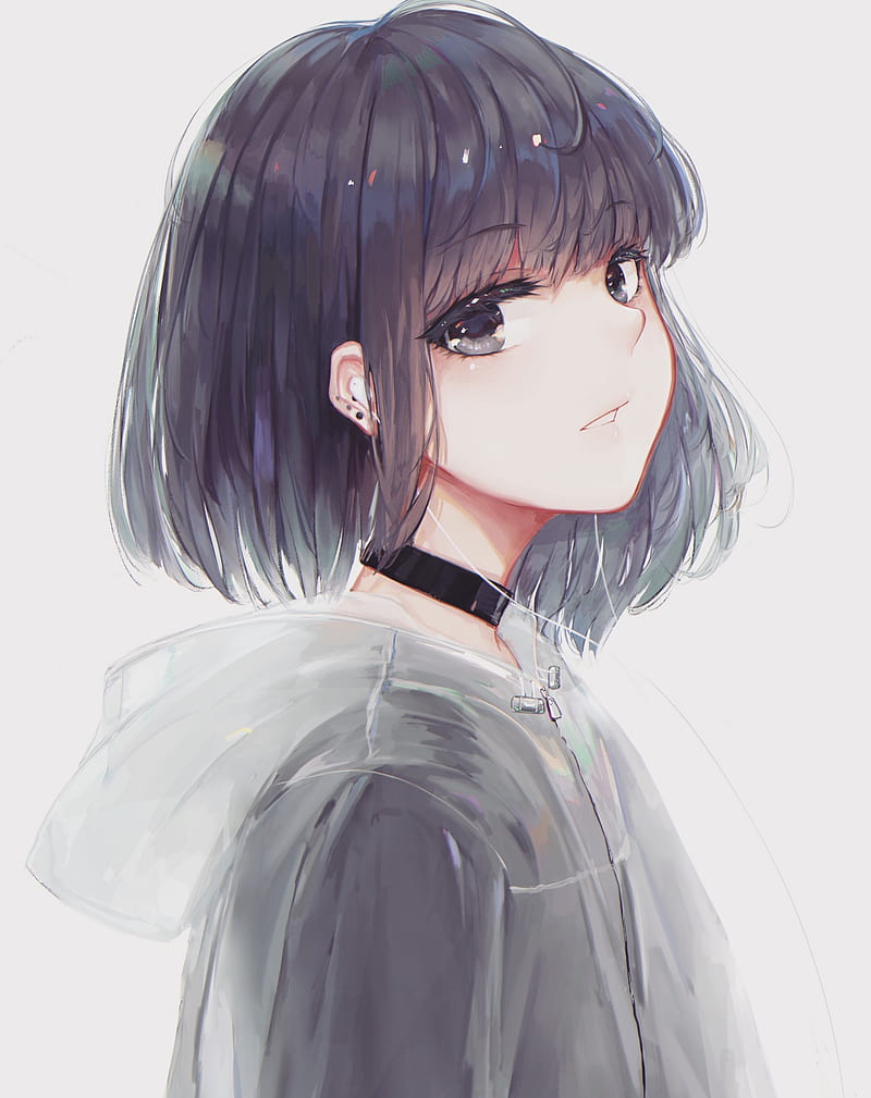 anime girl, profile view, choker, short hair, coat, Anime, HD phone wallpaper