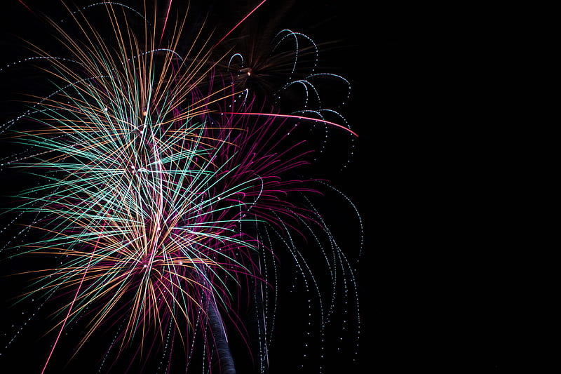 salute, holiday, sparks, fireworks, black, HD wallpaper