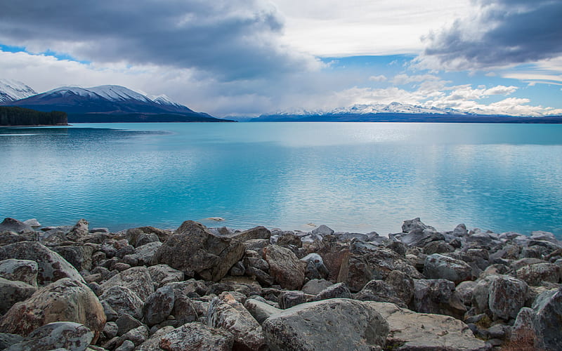 Lake Pukaki coast, clouds, mountains, New Zealand, Asia, HD wallpaper