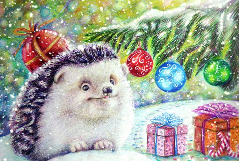 Can't Sleep This Night, hedgehogs, drawing, cristmas, animals, winter, HD wallpaper