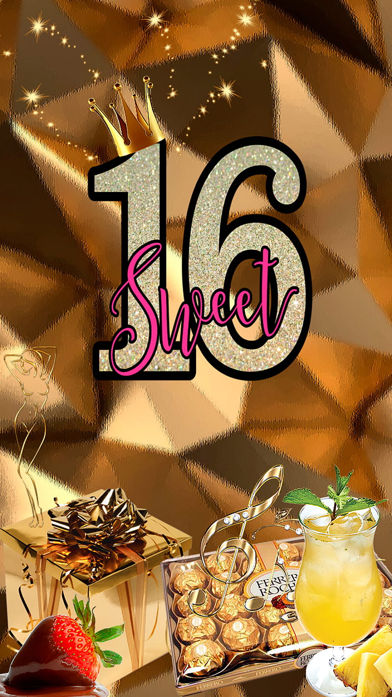 sweet 16, 16, birtay, cocktail, crown, gift, gold, holiday, sweet, HD phone wallpaper