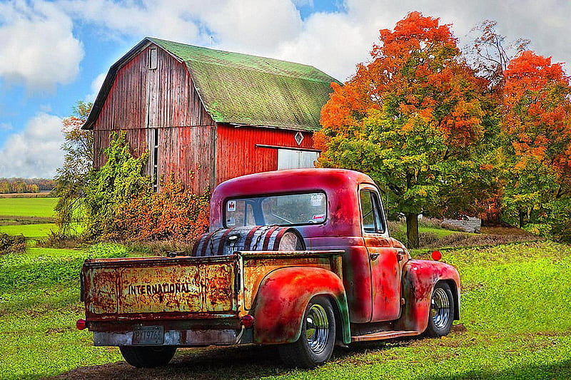 Old International Pickup Truck, trees, barn, car, autumn, digital, artwork, HD wallpaper