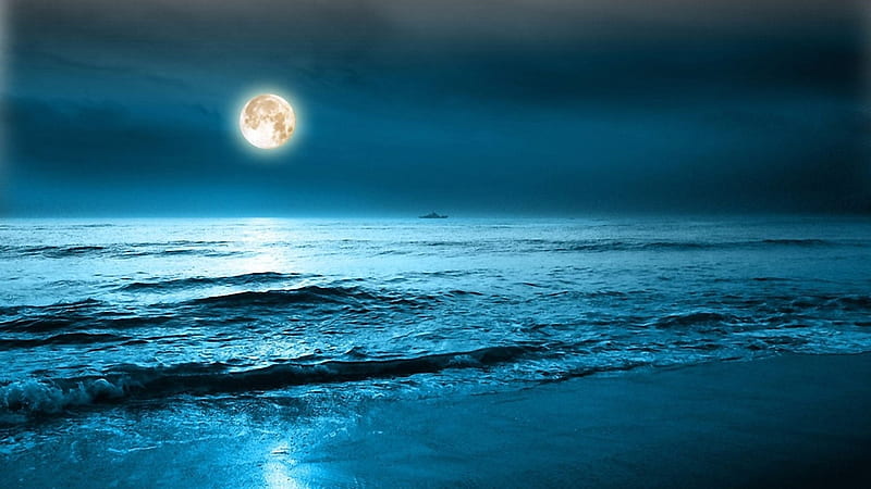 Moonlight, beach, moon, boat, shimmer, bonito, sky, blue, HD wallpaper